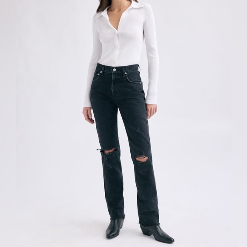 Agolde Cherie High Rise Straight Leg Distressed Black Jeans Size 25